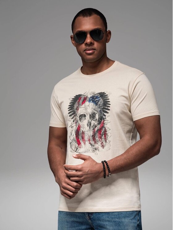 Ombre Ombre T-Shirt OM-TSPT-0199 Beżowy Regular Fit
