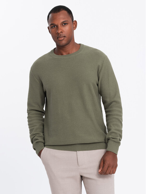 Ombre Ombre Sweter OM-SWSW-0110 Khaki Relaxed Fit