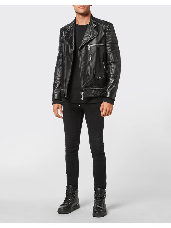 PHILIPP PLEIN PHILIPP PLEIN Kožená bunda 1971 Černá Slim Fit