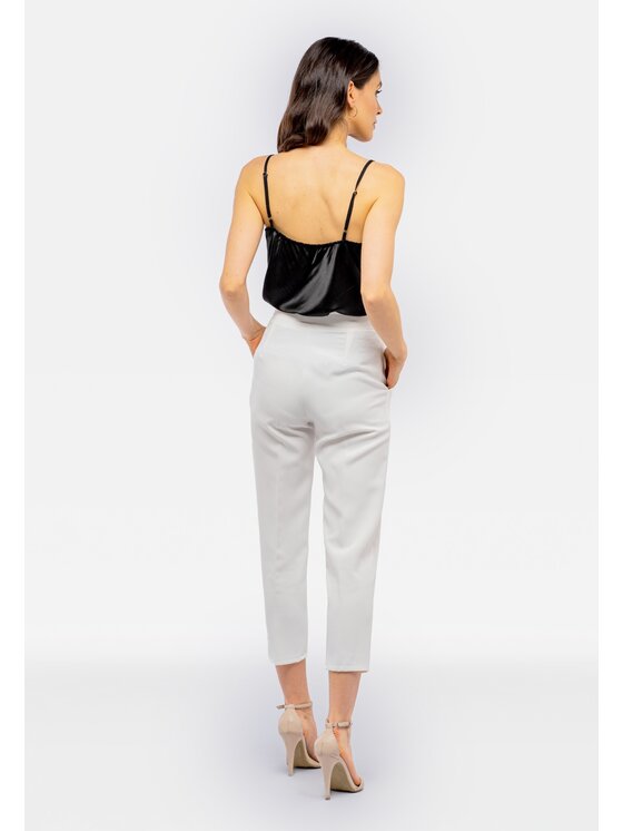 Perso Perso Bavlnené nohavice cygaretki z kieszeniami Biela Slim Fit