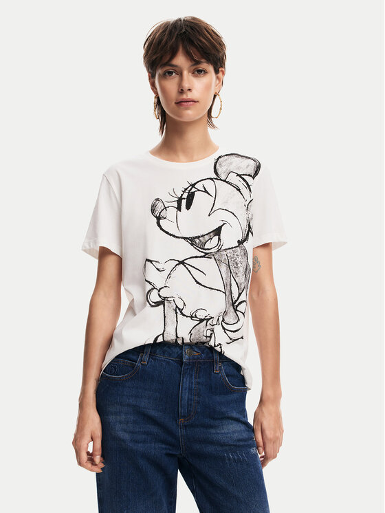 Desigual Tričko Mickey Drawing 24WWTKA1 Écru Regular Fit