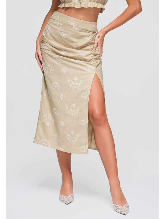 Ombre Ombre Spódnica midi OW-GL-E0019 Beżowy Slim Fit