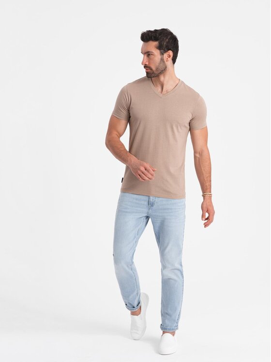 Ombre Ombre T-Shirt OM-TSBS-0145 Brązowy jasny Regular Fit