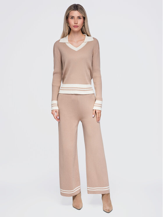 Ombre Ombre Komplet bluzka i spodnie OW-SE-E0002 Beżowy Regular Fit
