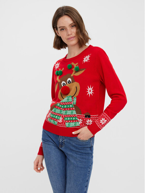 Vero Moda Vero Moda Sweter New Frosty Deer 10272616 Czerwony Regular Fit