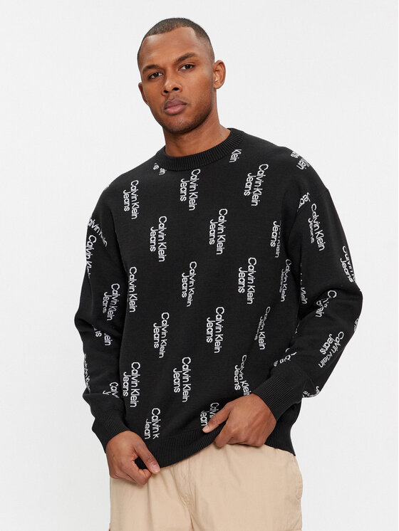 Calvin Klein Jeans Sveter Stacked Logo Aop Sweater J30J325287 Čierna Regular Fit