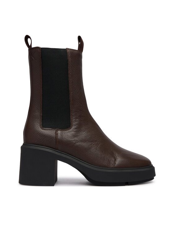 Calvin Klein Calvin Klein Botki Block Heel Chelsea Boot Lth HW0HW03694 Brązowy ciemny