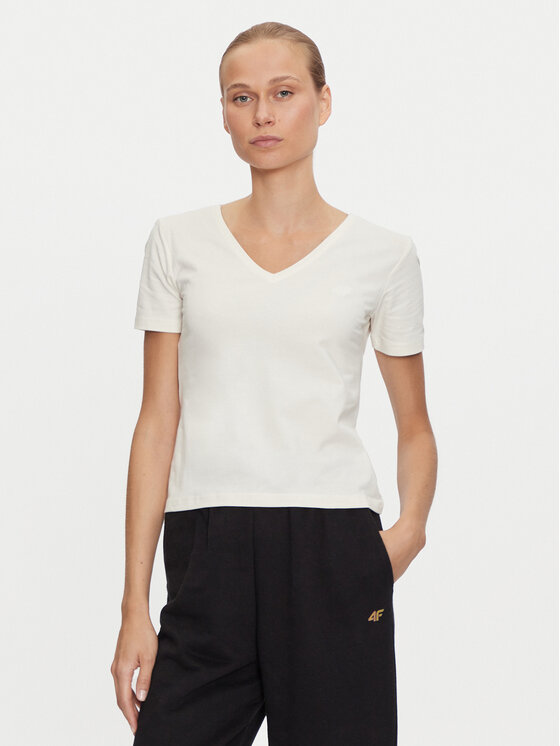 4F 4F Tričko 4FWAW24TTSHF1649 Écru Slim Fit