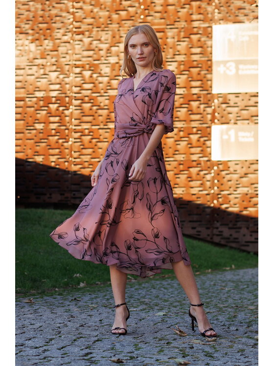 EMOI EMOI Sukienka koktajlowa Elegancka w roślinny wzór Różowy Feminine Fit