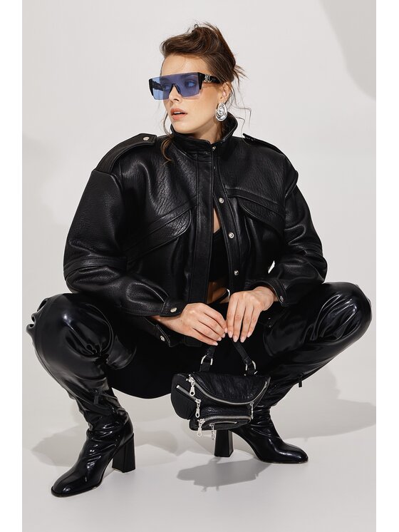 Mimika Mimika Kurtka skórzana bomber n^7 absolute black z teksturowanej skóry Czarny Oversize