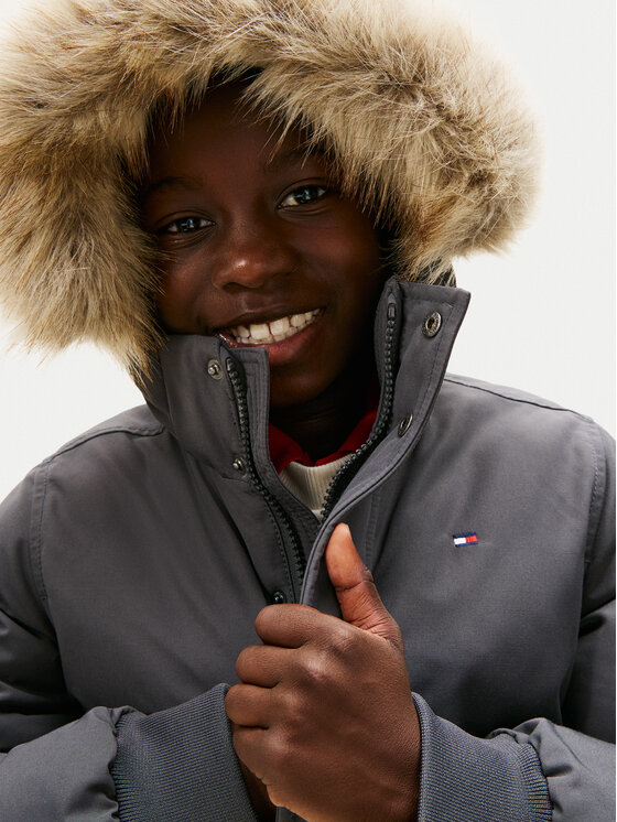 Tommy Hilfiger Tommy Hilfiger Kurtka zimowa Hooded Fake Fur Bomber KB0KB09887 Szary Regular Fit
