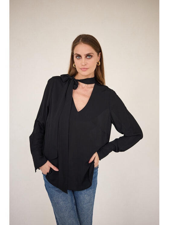 Entelier Entelier Bluzka z wiązaniem Czarny Relaxed Fit