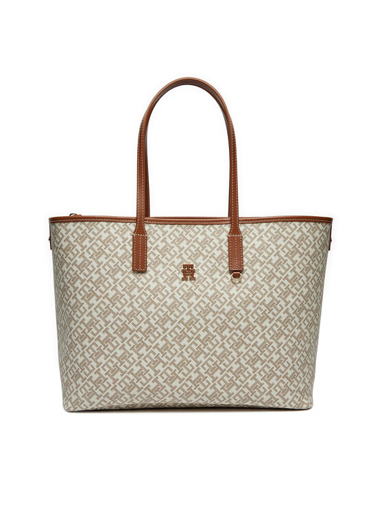 Geantă Tommy Hilfiger Th Monoplay Leather Tote AW0AW17379 Écru