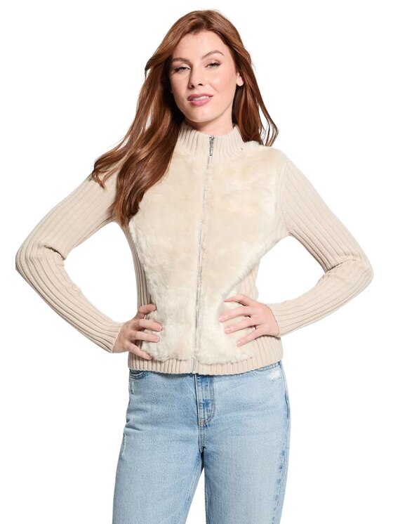 Guess Guess Ζακέτα Cardigan fur mix zip Μπεζ Regular Fit