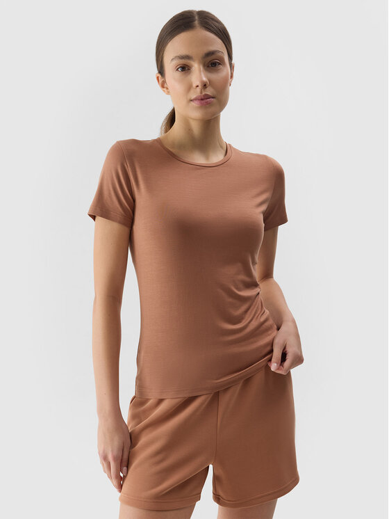 4F 4F Tričko 4FWSS24TTSHF1267-81S Hnedá Custom Slim Fit