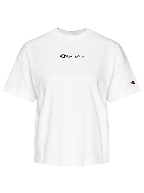 Champion T-Shirt Cropped Oversized Small Script Logo 113195 Biały Custom Fit