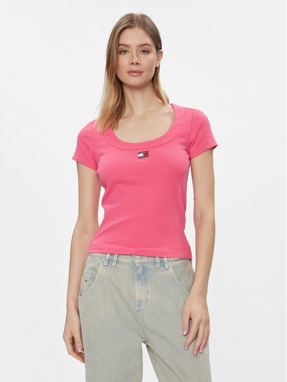 Růžová Rib Tee Slim DW0DW17396 Ss T-Shirt Tommy Slim Fit Tjw Jeans Badge