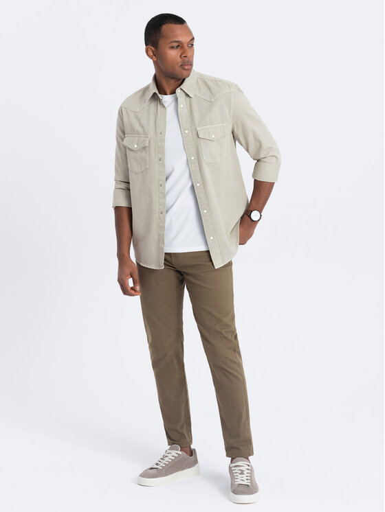 Ombre Ombre Kalhoty z materiálu OM-PACP-0151 Khaki Fitting Fit