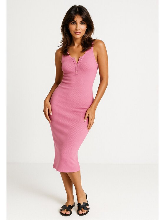 Nudyess Nudyess Sukienka letnia Louisiana midi z prążka Różowy Fitted Fit