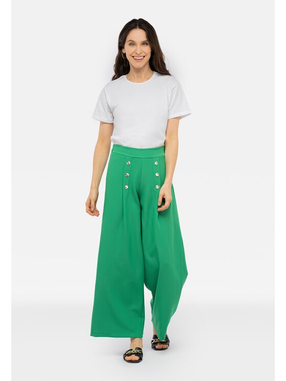 Perso Perso Kalhoty z materiálu szerokie z ozdobnymi guzikami Zelená Wide Leg