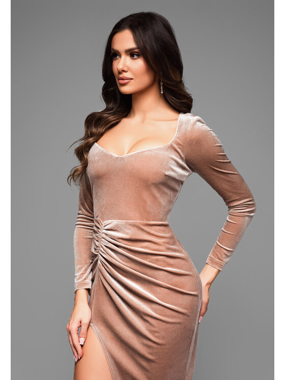 Ombre Ombre Sukienka wieczorowa LA-OM-DLR029 Beżowy Regular Fit