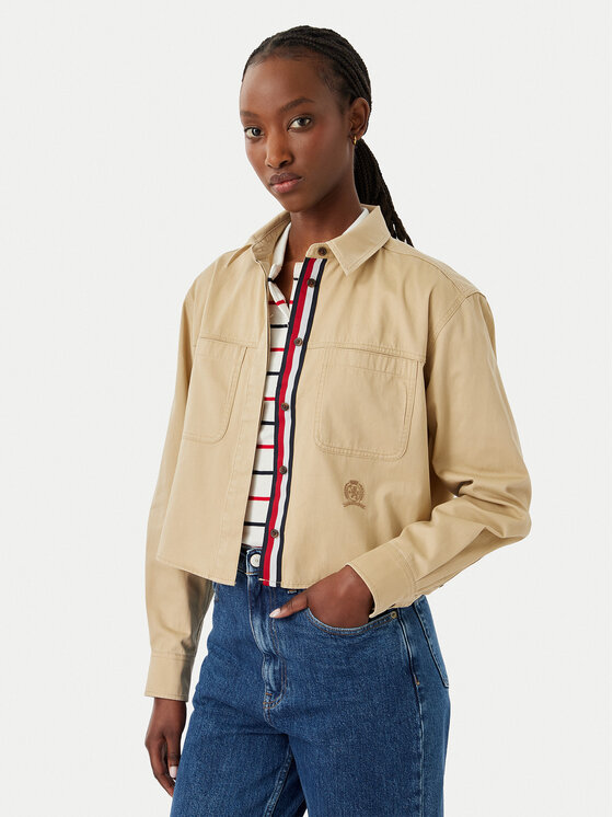 Tommy Jeans Cămașă DW0DW22942 Bej Cropped Fit