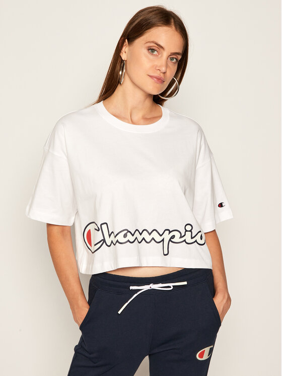 Champion T-Shirt Cropped Script Logo Print Boxy 112655 Biały Oversize
