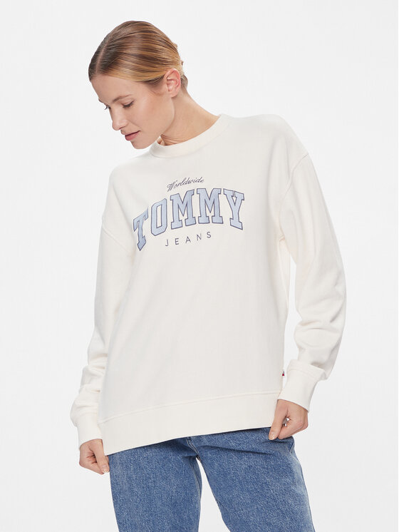 Tommy Jeans Džemperis ar kapuci Tjw Rlx Varsity Luxe Crew DW0DW17339 Balts Regular Fit