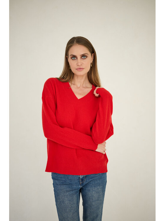 Entelier Entelier Sweter kaszmir dekolt w serek Czerwony Relaxed Fit