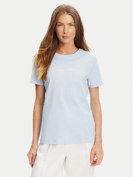 Tommy Hilfiger Tommy Hilfiger T-Shirt Script WW0WW45746 Světle modrá Regular Fit