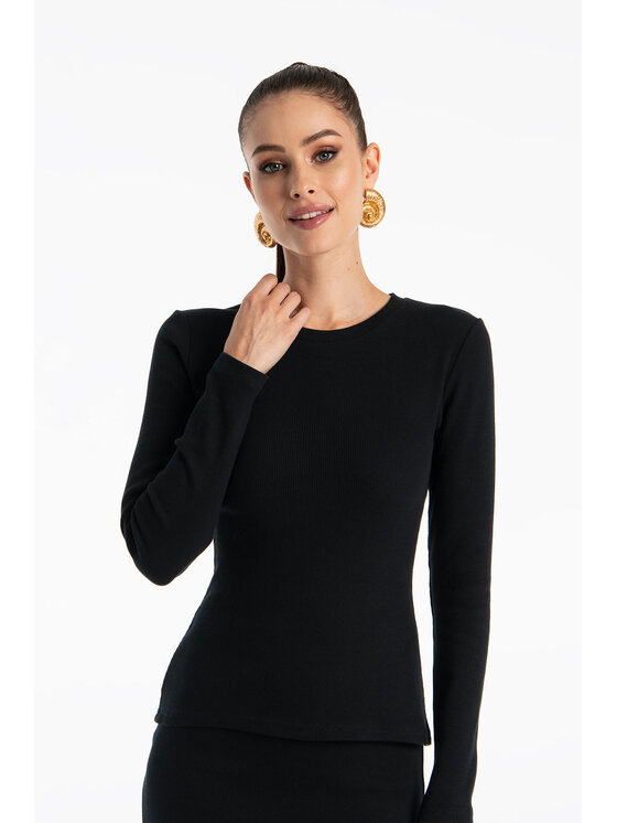 Nudyess Nudyess Bluzka bawełniana Eos z prążka Czarny Regular Fit
