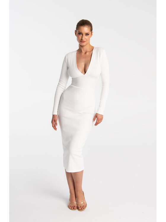 Nudyess Nudyess Sukienka dzianinowa Victoria z prążka Biały Fitted Fit