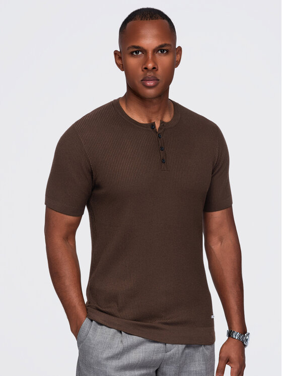 Ombre Ombre T-Shirt OM-TSCT-0304 Brązowy ciemny Slim Fit