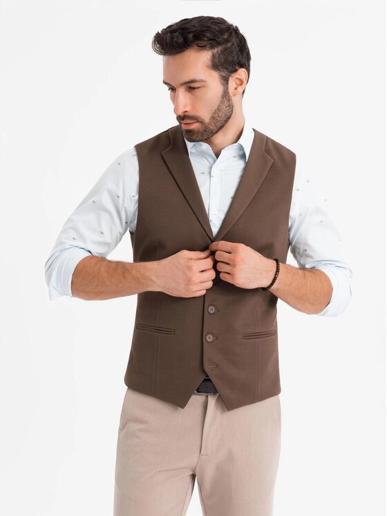 Ombre Ombre Kamizelka garniturowa OM-BLZV-0144 Brązowy Slim Fit