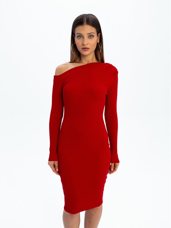 Nudyess Nudyess Sukienka dzianinowa Glam Mimi z prążka Czerwony Fitted Fit