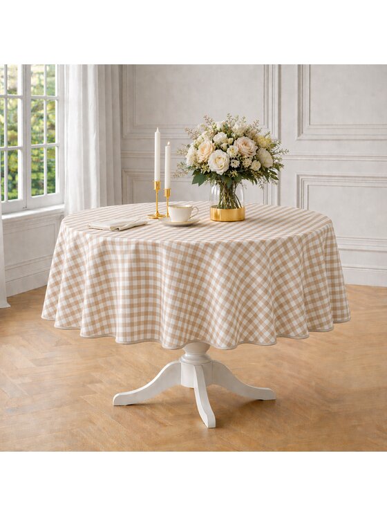 Roseberry Home Roseberry Home Obrus Okrągły bawełniany w biało-beżową kratę Beige Gingham Beżowy
