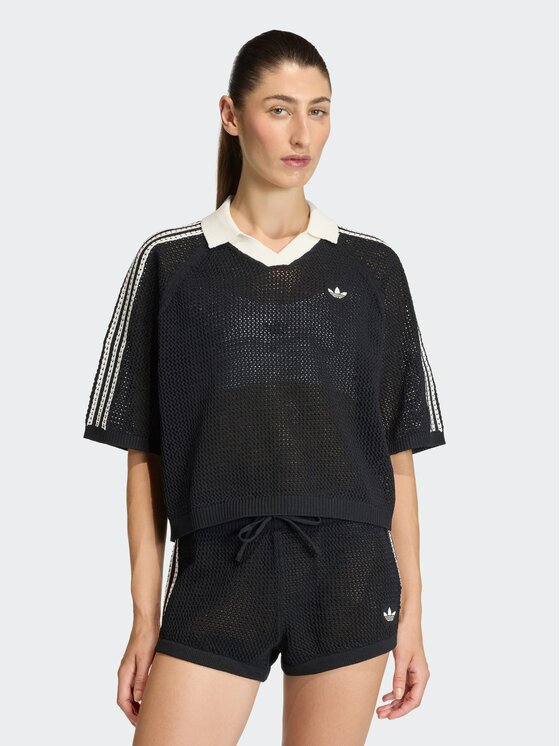 adidas adidas Polo KNITTED CROCHET Czarny Loose Fit