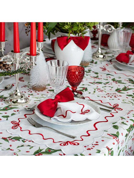 Roseberry Home Roseberry Home Podkładka na stół haftowana Red Christmas Bows Biały