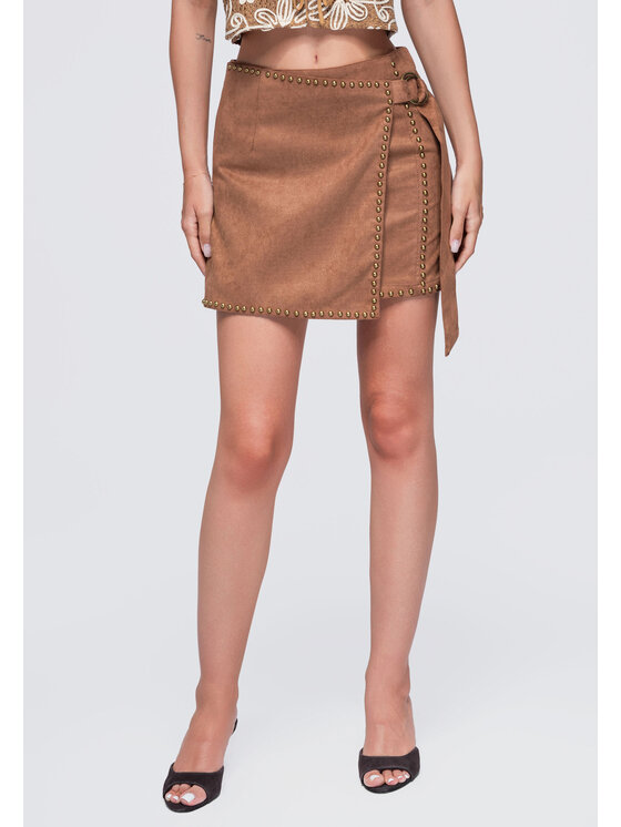 Ombre Ombre Spódnica mini OW-GL-E0023 Brązowy jasny Slim Fit