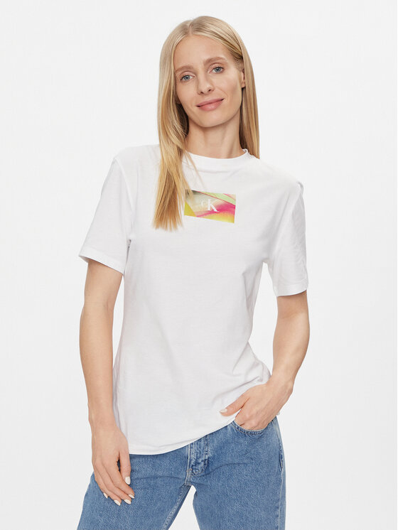 Calvin Klein Jeans T-Shirt Illuminated Box Logo Slim Tee J20J222898 Bílá  Slim Fit