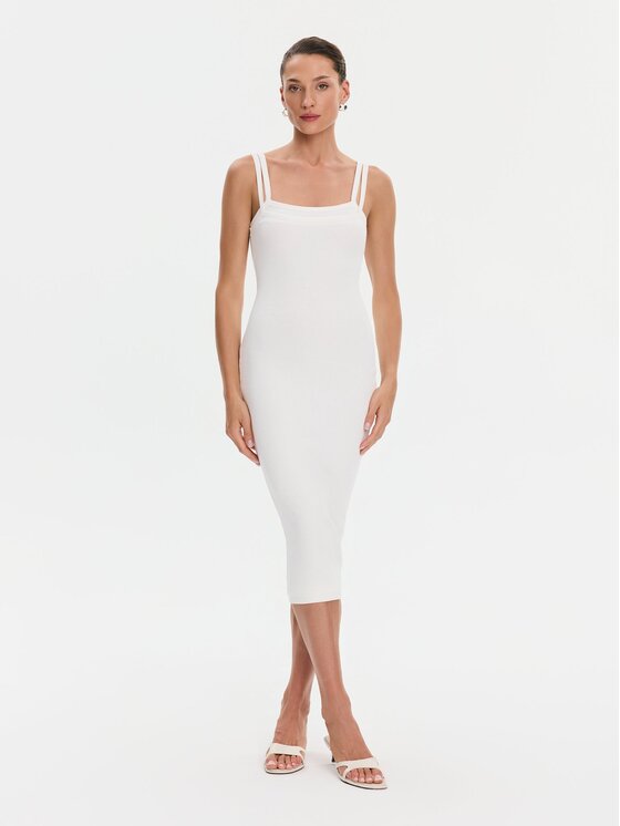 Nudyess Nudyess Sukienka codzienna Lisa z prążka Kremowy Slim Fit