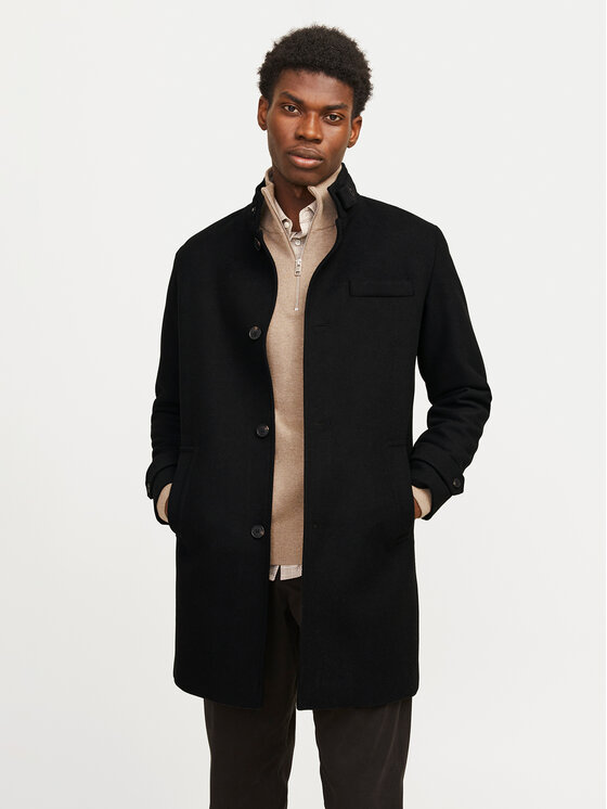 Jack & Jones Jack & Jones Vlněný kabát Melton 12258672 Černá Regular Fit