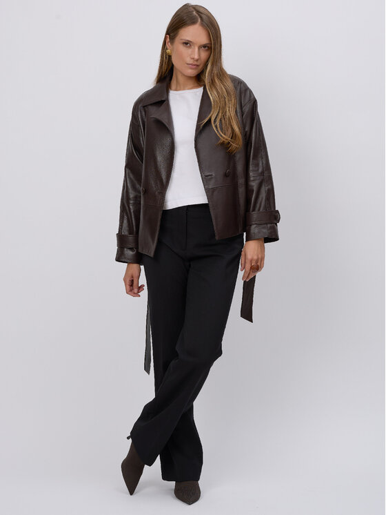 FAN LEATHER Fan Leather Kurtka skórzana Brązowa z Oddzielnym Paskiem Brązowy Oversize