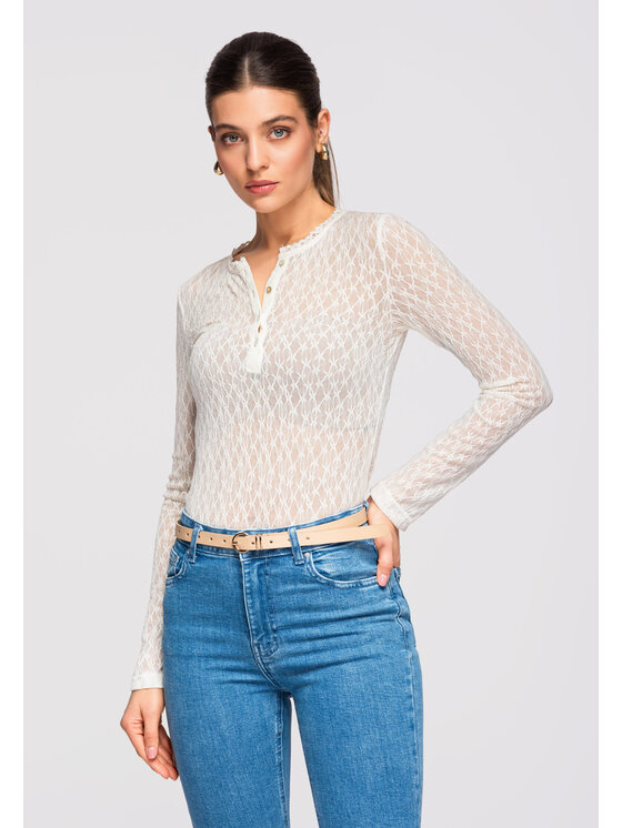 Ombre Ombre Bluzka OW-TS-E0013 Écru Slim Fit