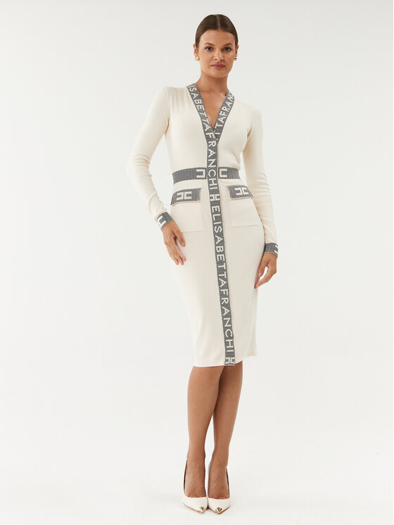 Elisabetta Franchi Strickkleid AM 05S 36E2 V440 Ecru Slim Fit Modivo