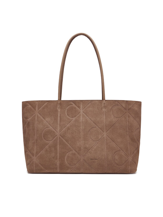 Calvin Klein Torebka Emblem Aop Embossed Suede Tote LV04F3334G Beżowy