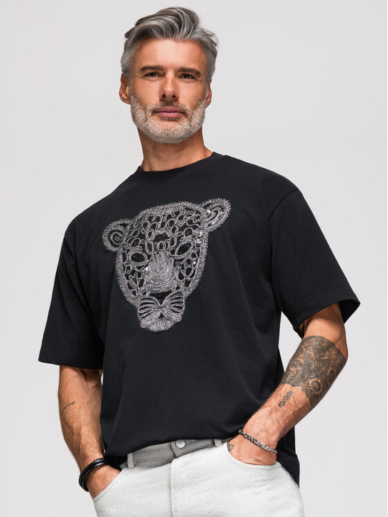 Ombre Ombre T-Shirt OM-TSCT-0278 Czarny Loose Fit