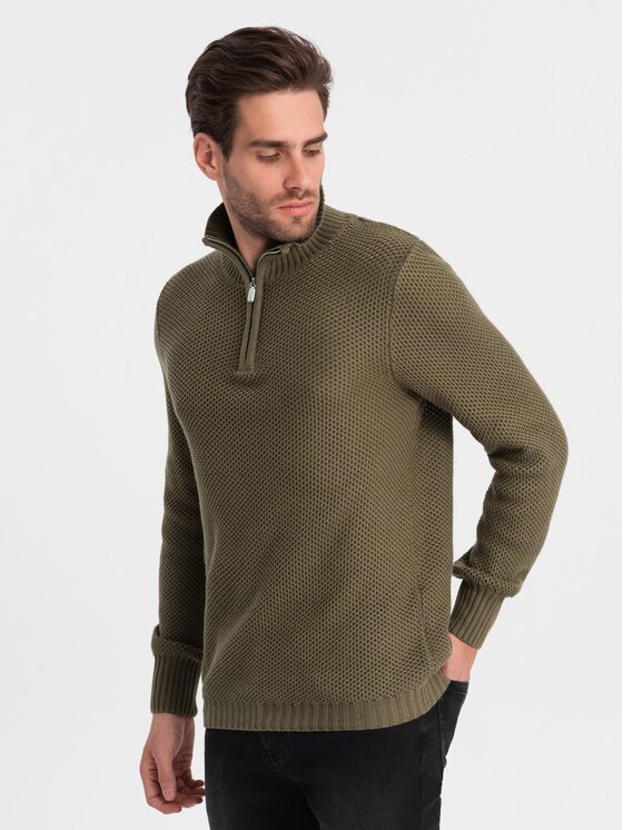 Ombre Ombre Sweter OM-SWZS-0105 Khaki Regular Fit