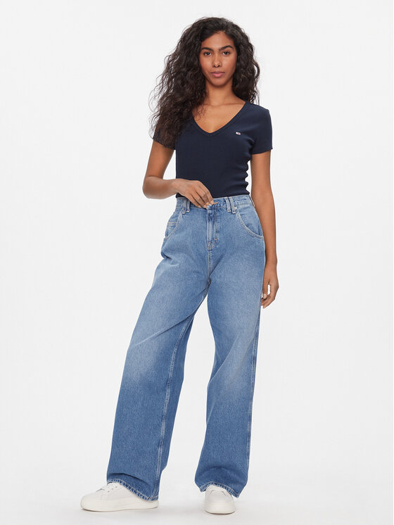 Tommy Jeans Tommy Jeans Marškinėliai Tjw Slim Essential Rib V Ss DW0DW17385 Tamsiai mėlyna Slim Fit