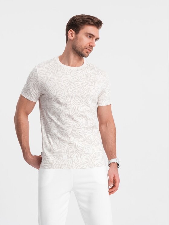 Ombre Ombre T-Shirt OM-TSFP-0182 Beżowy Regular Fit